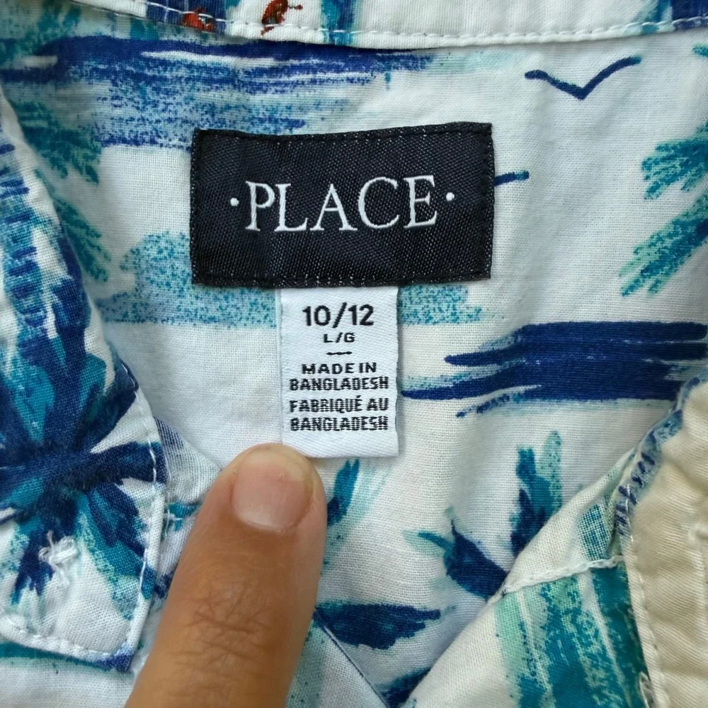 The Children's Place Tropical Button Down Kids 10/12 White Blue Excellent Palm